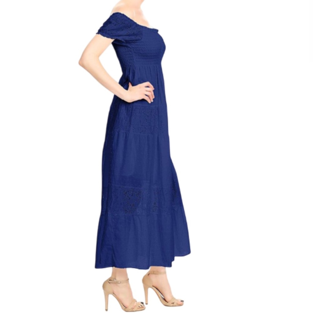 NWT Summer Boho Peasant Ruffle Stretchy Smocked & Lace Long Dress Milkmaid